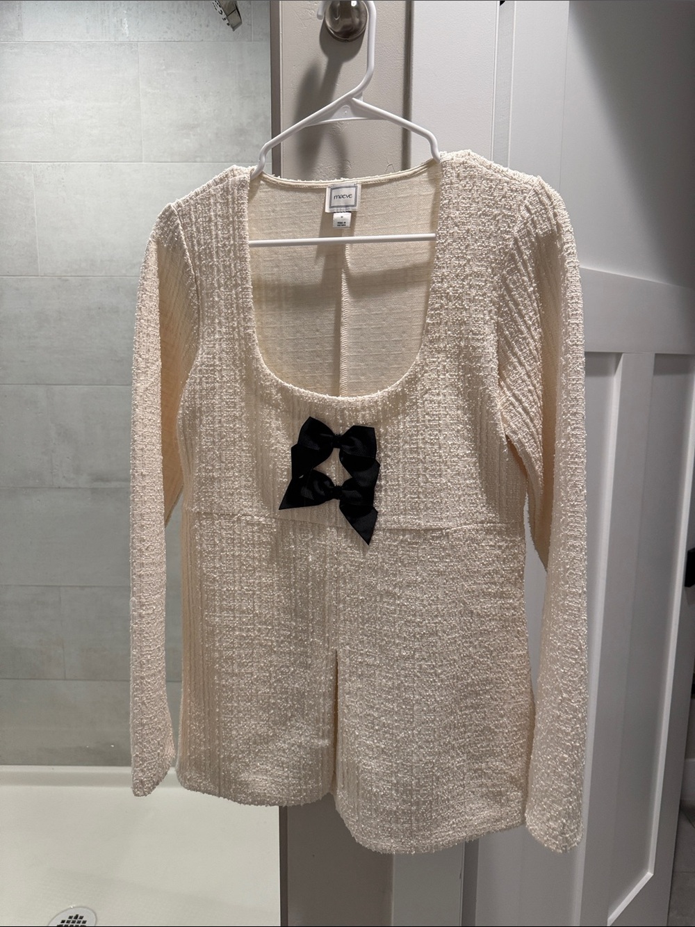 Cream Textured Long Sleeve Top with Black Bow medium